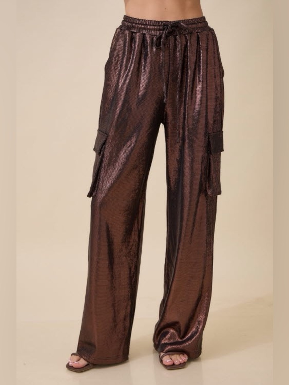 Metallic Bronze Brown Wide-Leg Drawstring Cargo Pants